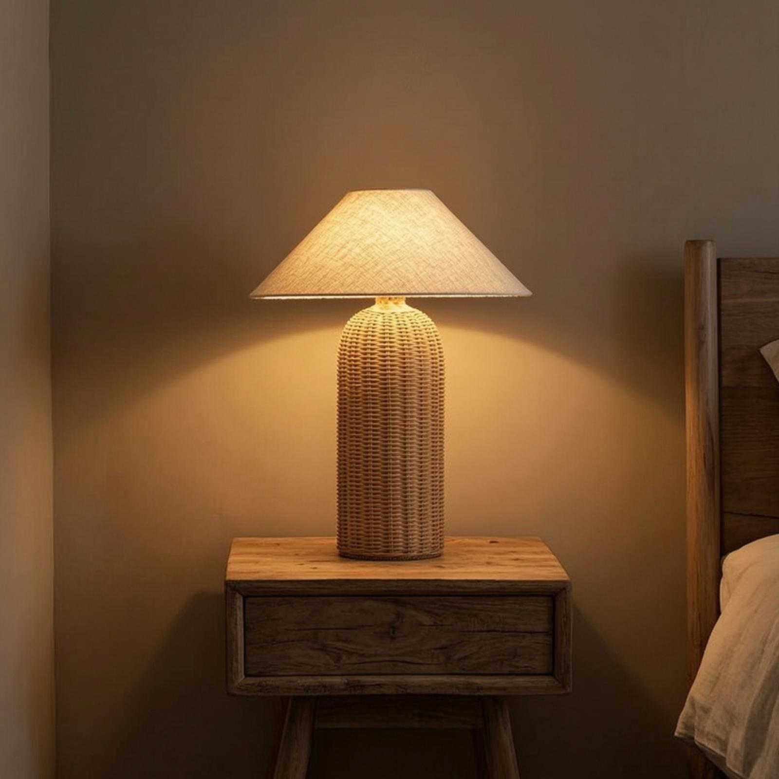 Bedside Lamp Rattan Base Fabri - Lighting Decor Bedroom ulasan dan harga